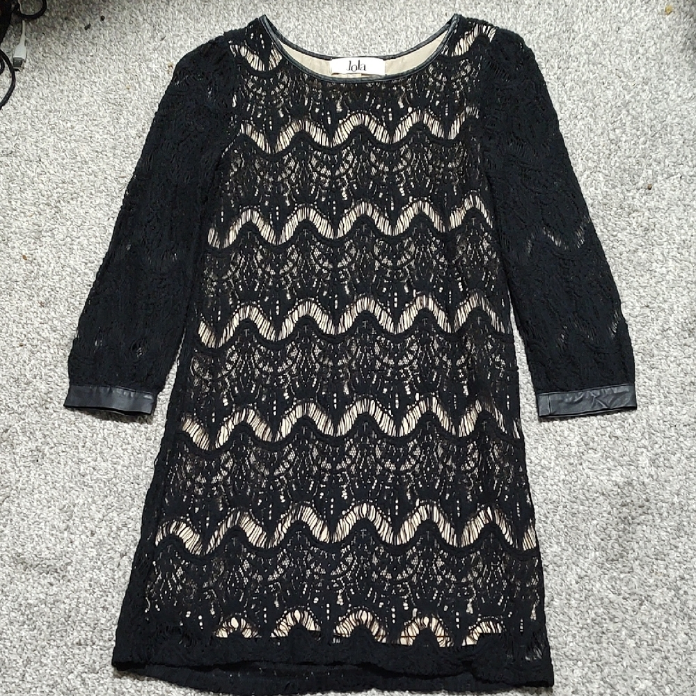 Black Long Sheer Sleeves Lace Dress w Cream Lining